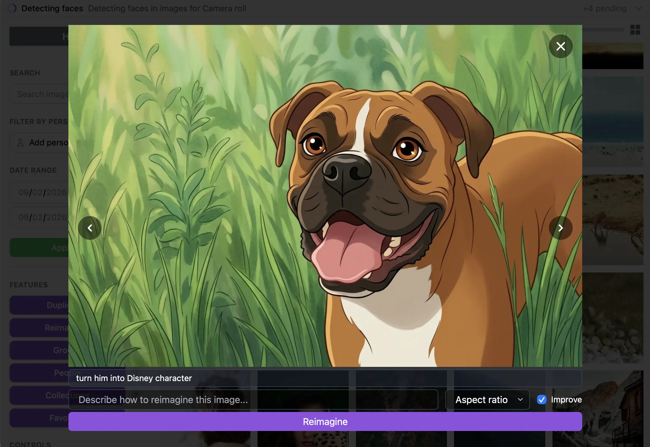 Reimagine, watermark, and export AI photo organizer feature demo